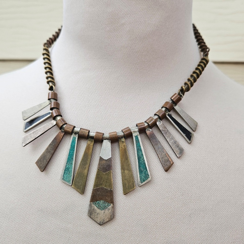 Vintage Handmade Brutalist Mixed Metal Turquoise Inlay Fringe Statement Necklace